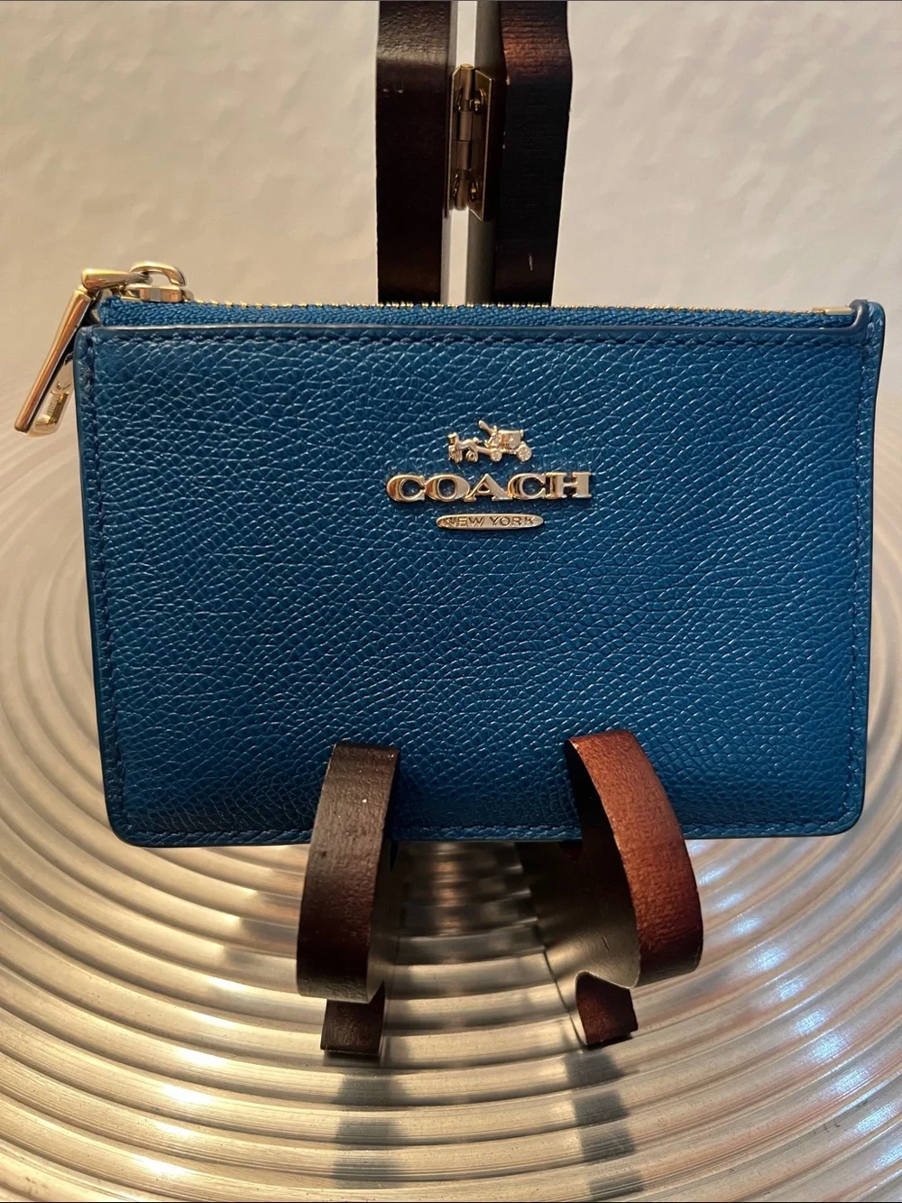 Coach Pebbled Leather Zip Card & Key Pouch in Teal